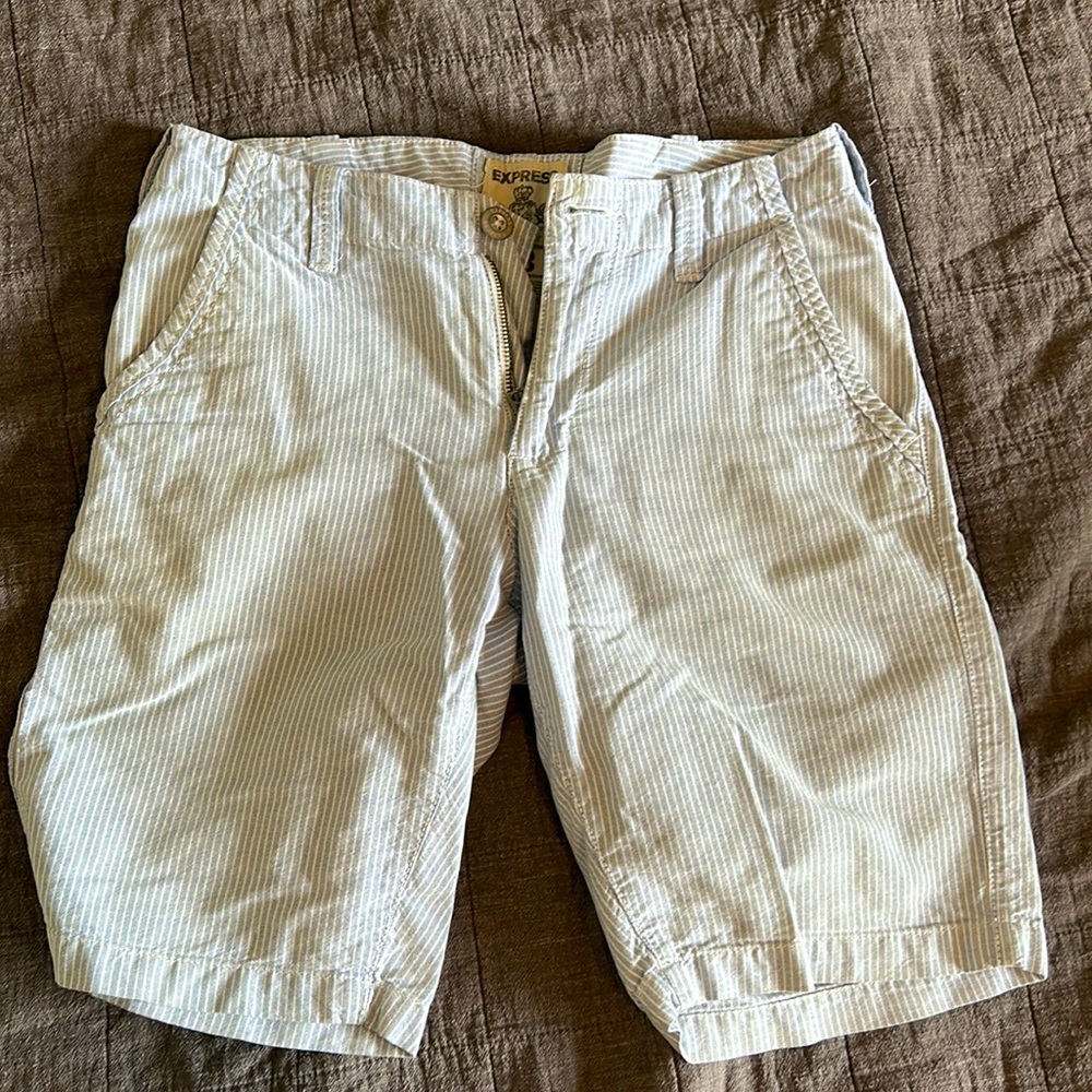 Express men light blue with white stripes shorts. Size 28